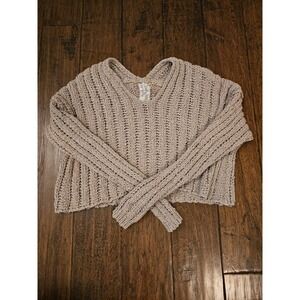 Sadie & Sage Mauve Taupe Open Knit V-Neck Cropped Sweater Boho Cottage Coquette